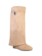 Beige Suede Padlock Detail Wedge Heel Knee High Long Boot (TC-RS3670-BEIGSUE)