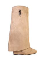 Beige Suede Padlock Detail Wedge Heel Knee High Long Boot (TC-RS3670-BEIGSUE)
