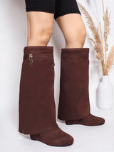 Brown Suede Padlock Detail Wedge Heel Knee High Long Boot (TC-RS3670-BROSUE)