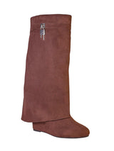 Brown Suede Padlock Detail Wedge Heel Knee High Long Boot (TC-RS3670-BROSUE)