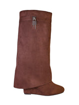 Brown Suede Padlock Detail Wedge Heel Knee High Long Boot (TC-RS3670-BROSUE)