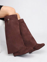 Brown Suede Padlock Detail Wedge Heel Knee High Long Boot (TC-RS3670-BROSUE)