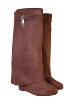 Brown Suede Padlock Detail Wedge Heel Knee High Long Boot (TC-RS3670-BROSUE)