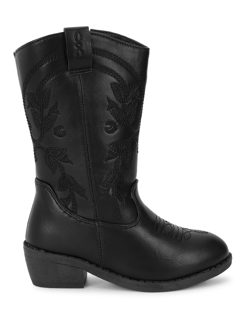 Black PU Long Boots For Kids-Girls (TC-RS3708-BLK)