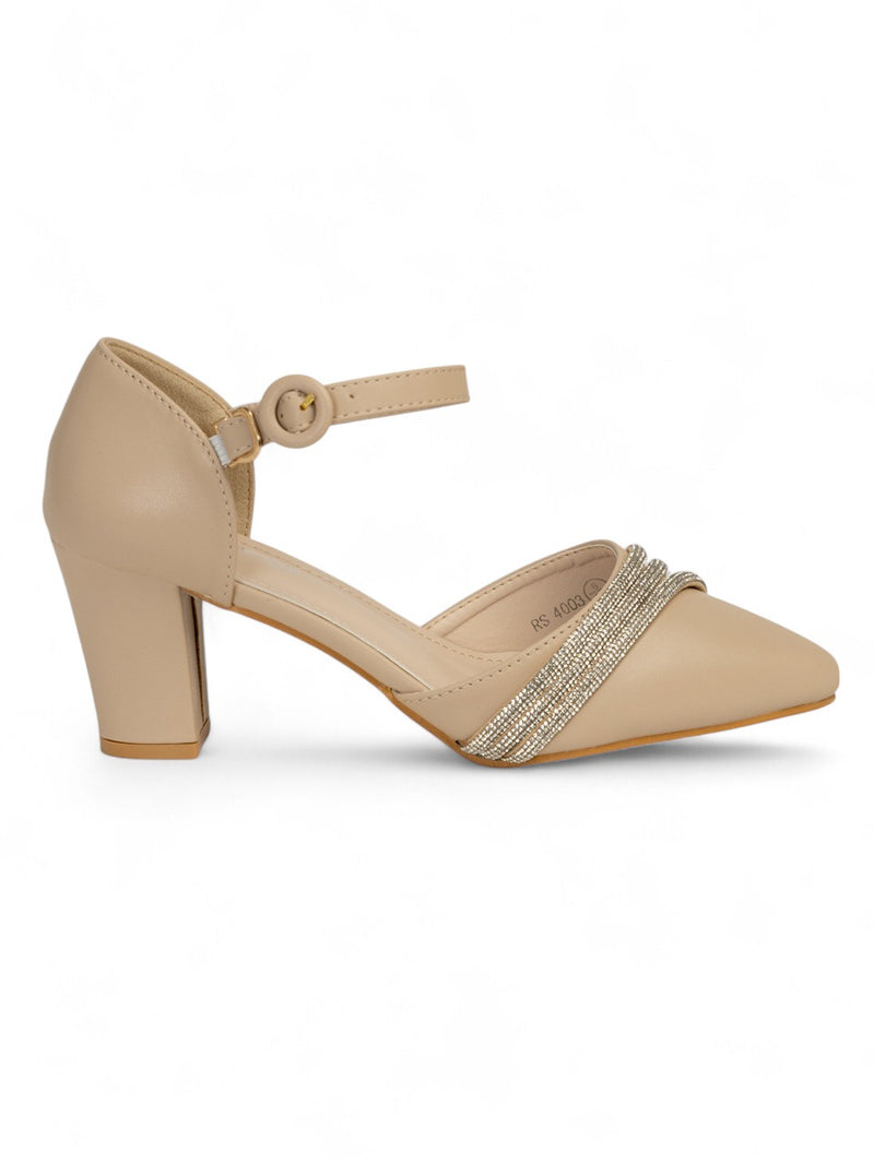 Nude Synthetic Leather Embellished Block Heel Sandals (TC-RS4003-NUD)