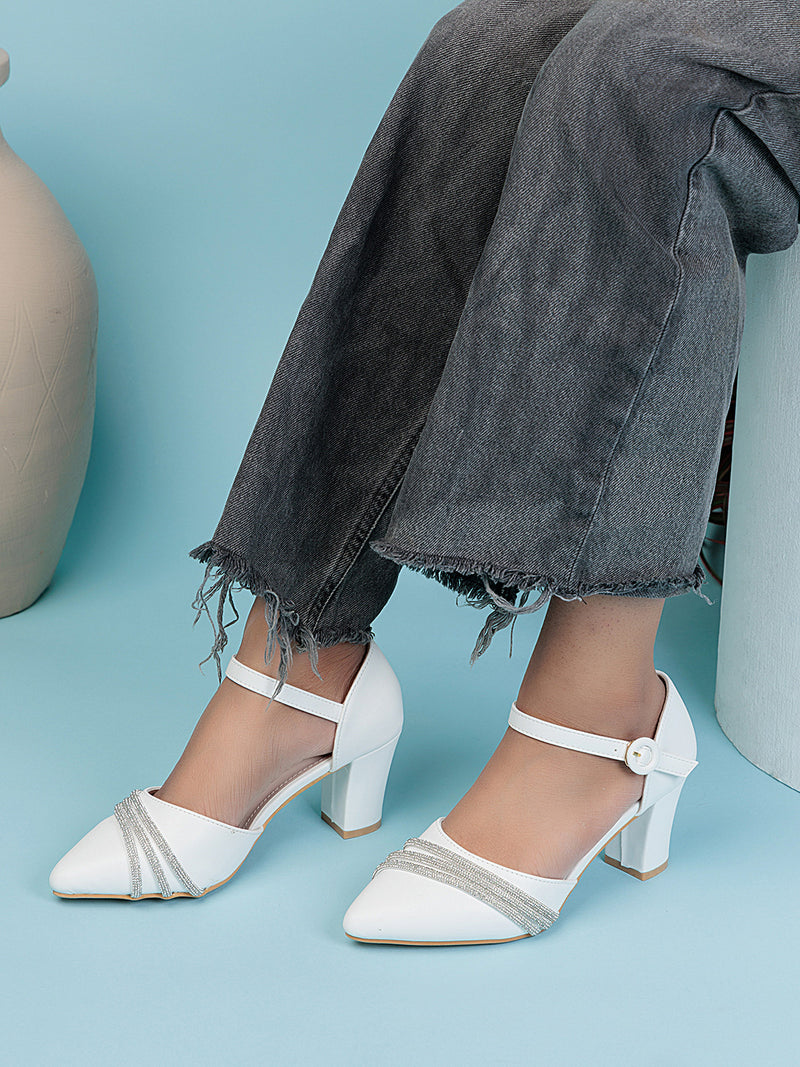 White Synthetic Leather Embellished Block Heel Sandals (TC-RS4003-WHT)