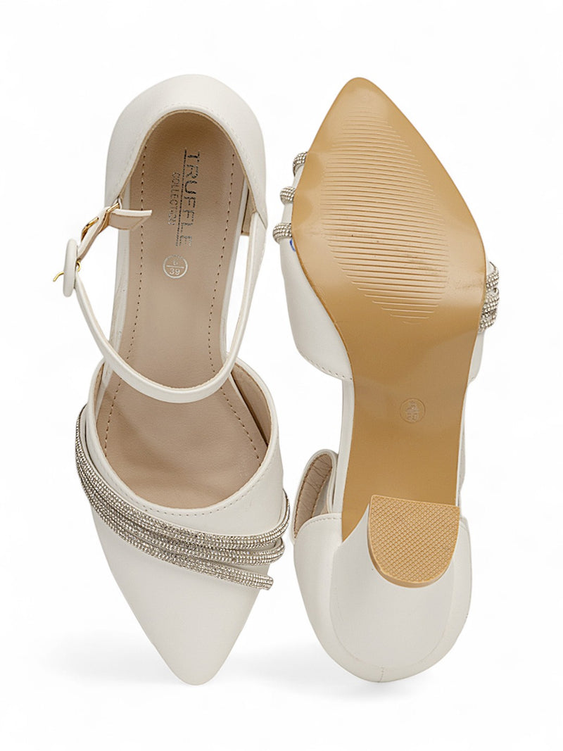 White Synthetic Leather Embellished Block Heel Sandals (TC-RS4003-WHT)