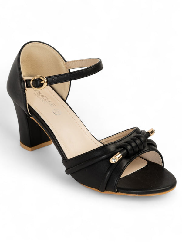 Black Synthetic Leather Buckle Block Heel Sandals (TC-RS4004-BLK)