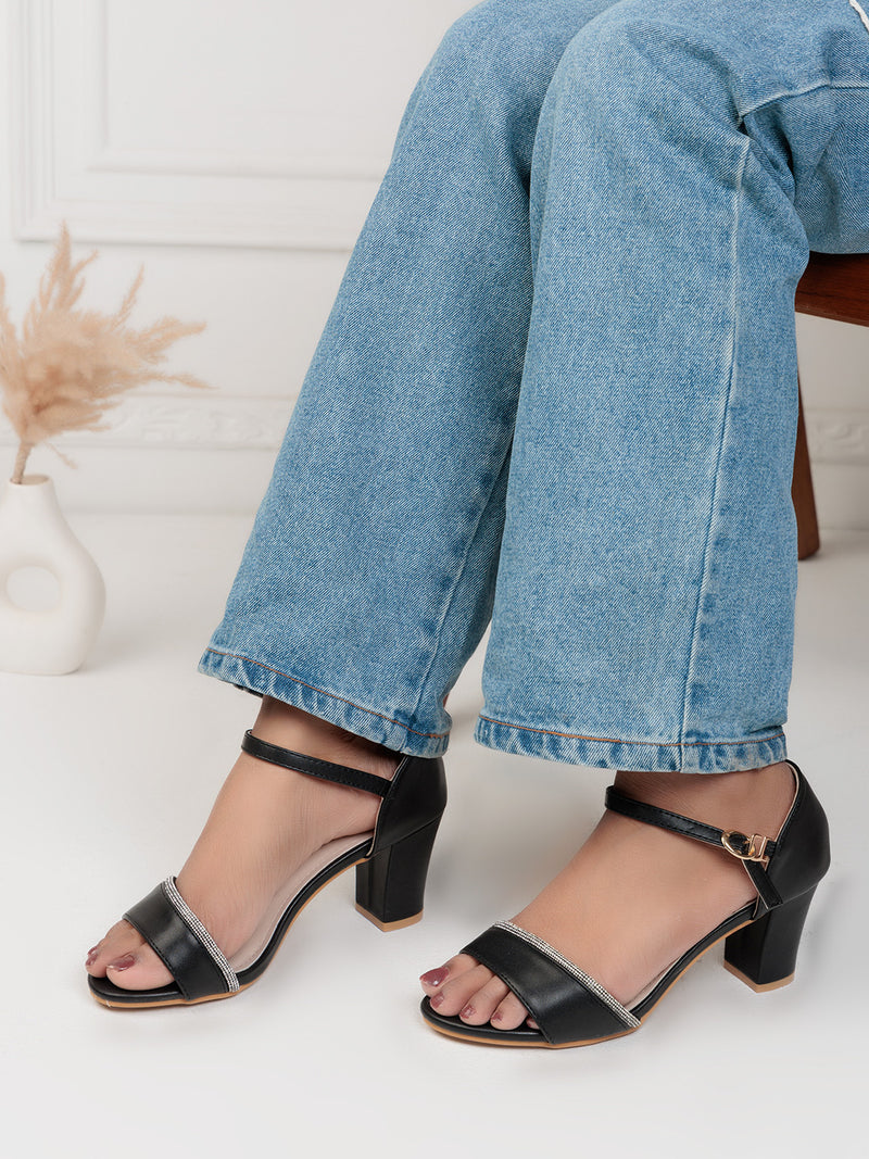 Black Synthetic Leather Embellished Block Heel Sandals (TC-RS4005-BLK)