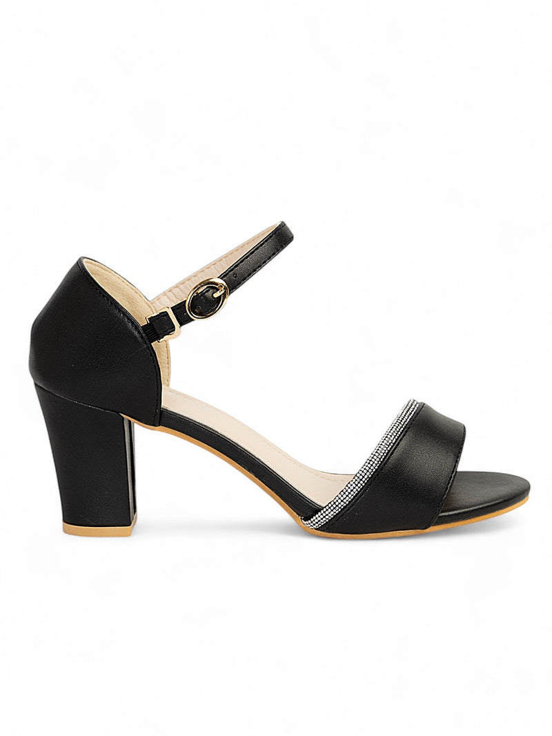 Black Synthetic Leather Embellished Block Heel Sandals (TC-RS4005-BLK)