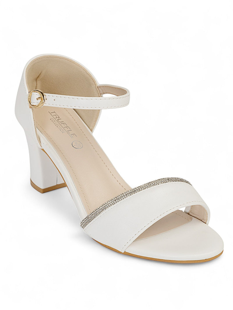White Synthetic Leather Embellished Block Heel Sandals (TC-RS4005-WHT)