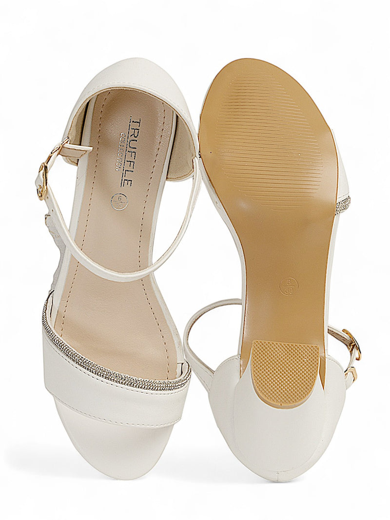White Synthetic Leather Embellished Block Heel Sandals (TC-RS4005-WHT)