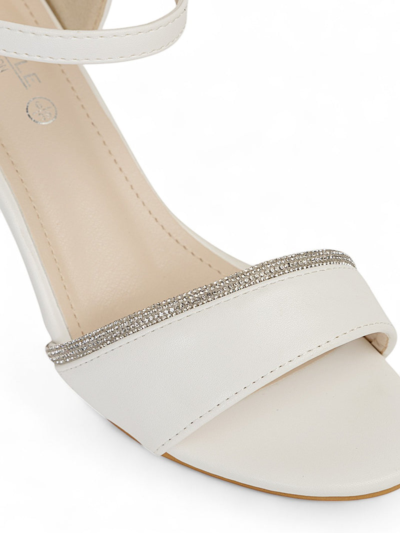 White Synthetic Leather Embellished Block Heel Sandals (TC-RS4005-WHT)