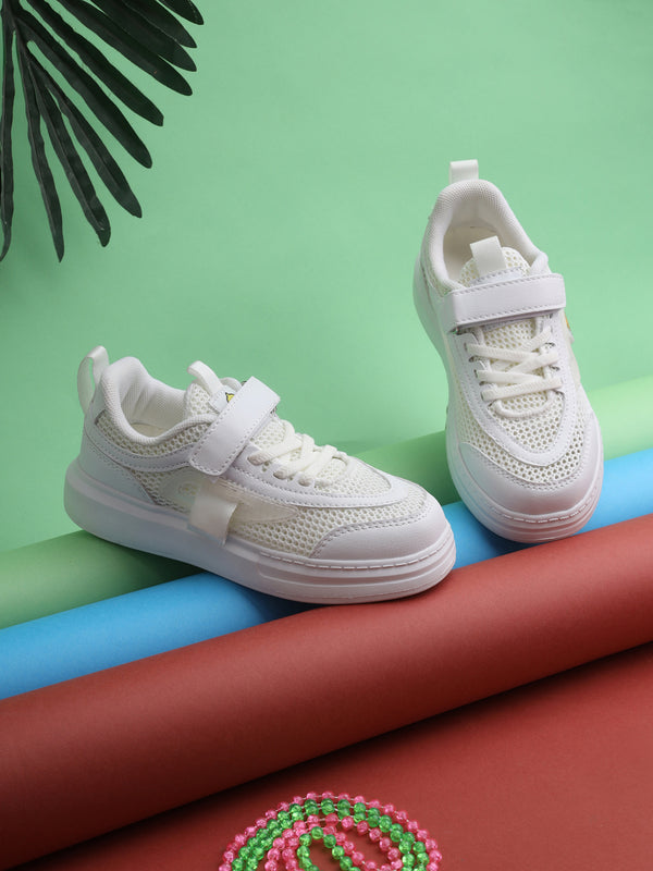 White Mesh Velcro Sneakers For Kids-Unisex (TC-RS4008-WHT)