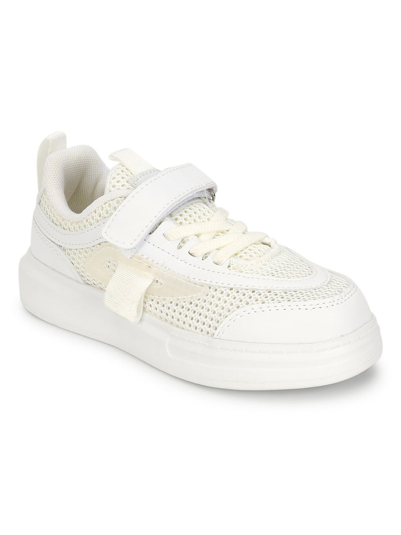 White Mesh Velcro Sneakers For Kids-Unisex (TC-RS4008-WHT)