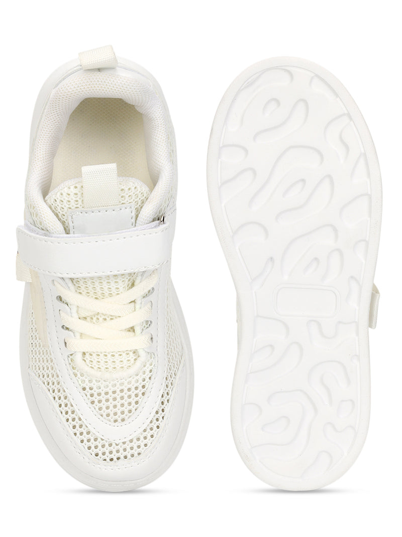 White Mesh Velcro Sneakers For Kids-Unisex (TC-RS4008-WHT)