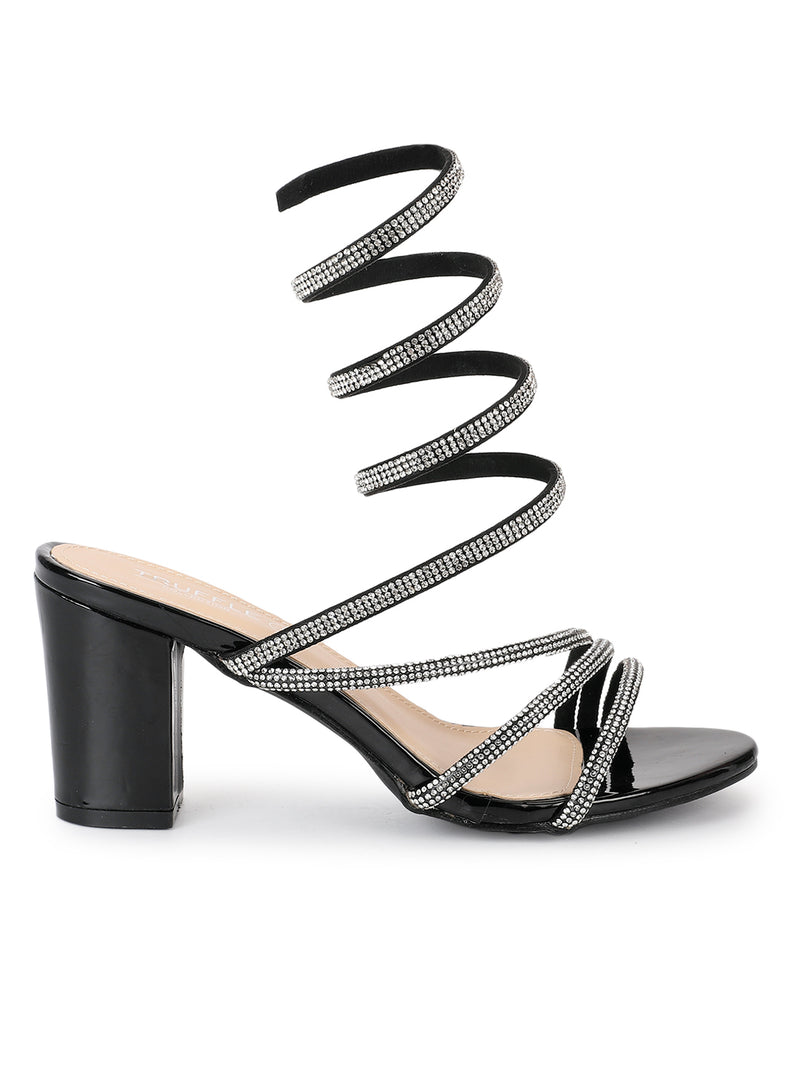 Black Patent Stylish Spiral Diamond Strap Block Sandals (TC-RS4010-BLK)