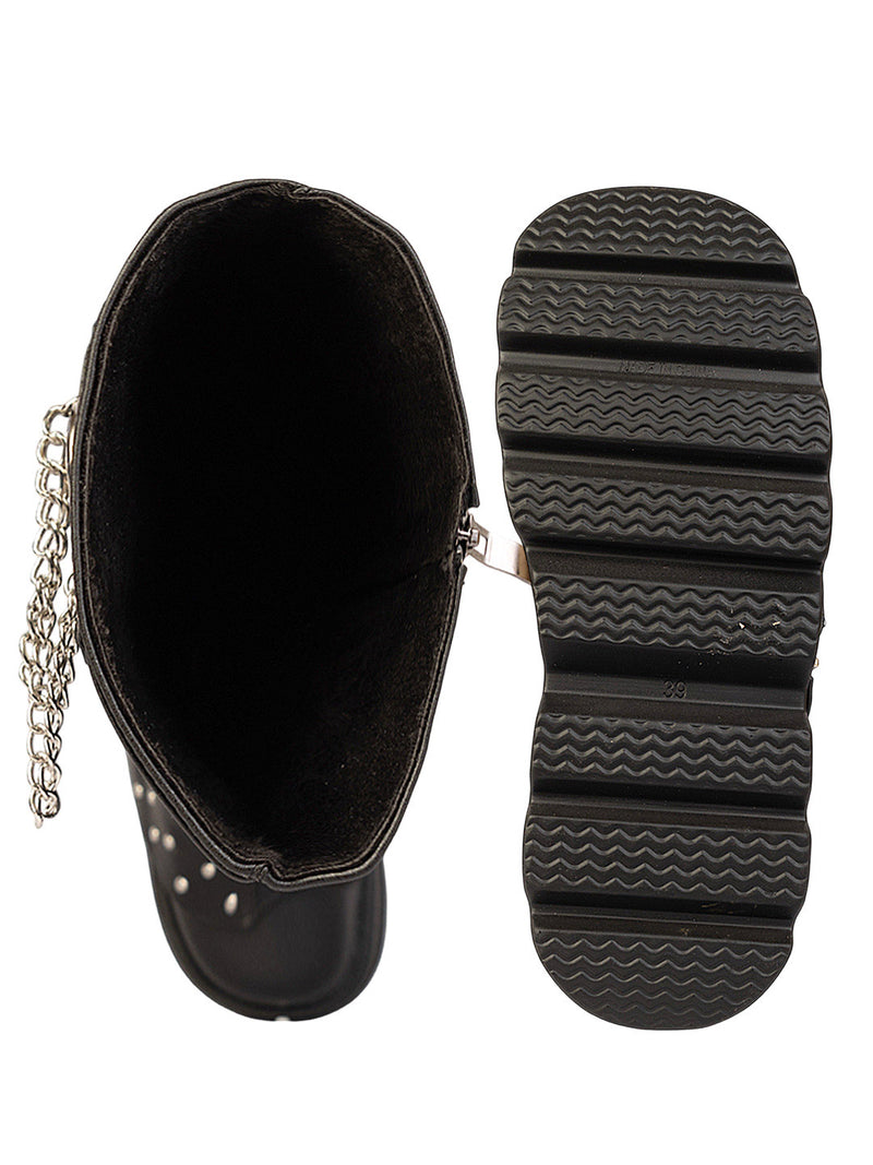 Black Synthetic Leather Winter High-End Stylish Long Boots (TC-RS4011-BLK)