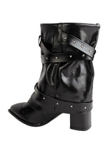 Black Synthetic Leather Pointed Toe Buckle And Studded Strap Ankle Boots (TC-RS5010-BLK)