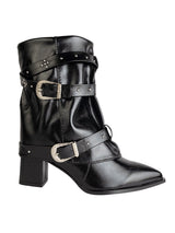 Black Synthetic Leather Pointed Toe Buckle And Studded Strap Ankle Boots (TC-RS5010-BLK)