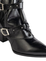 Black Synthetic Leather Pointed Toe Buckle And Studded Strap Ankle Boots (TC-RS5010-BLK)