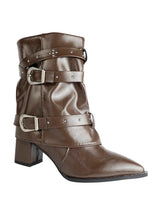 Brown Synthetic Leather Pointed Toe Buckle And Studded Strap Ankle Boots (TC-RS5010-BRO)