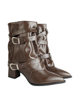 Brown Synthetic Leather Pointed Toe Buckle And Studded Strap Ankle Boots (TC-RS5010-BRO)