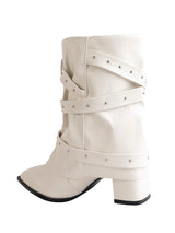 Off White Synthetic Leather Pointed Toe Buckle And Studded Strap Ankle Boots (TC-RS5010-OWHT)
