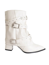 Off White Synthetic Leather Pointed Toe Buckle And Studded Strap Ankle Boots (TC-RS5010-OWHT)