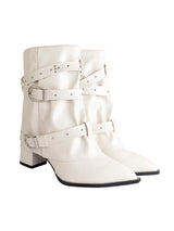 Off White Synthetic Leather Pointed Toe Buckle And Studded Strap Ankle Boots (TC-RS5010-OWHT)