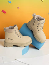 Beige Synthetic Leather Winter Top Design And Durable Sole Lace-Up Ankle Boots For Kids-Unisex  (TC-RS5011-BEIG)