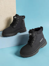 Black Synthetic Leather Winter Top Design And Durable Sole Lace-Up Ankle Boots For Kids-Unisex  (TC-RS5011-BLK)
