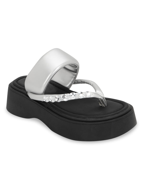 Silver PU Diamanté Block Heel Sandals (TC-RS699-SIL)