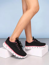 Black Pink Mesh Lace-Up Round Toe Flat Sneakers (TC-RSHO2-BLKPNK)