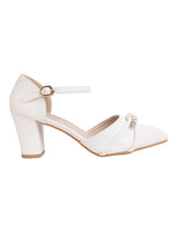 White Synthetic Leather Embellished Pointed Toe Block Heel Sandals (TC-RSHO3-WHT)