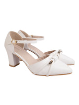 White Synthetic Leather Embellished Pointed Toe Block Heel Sandals (TC-RSHO3-WHT)