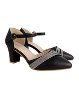 Black Synthetic Leather Embellished Pointed Toe Block Heel Sandals (TC-RSHO4-BLK)