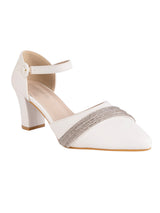 White Synthetic Leather Embellished Pointed Toe Block Heel Sandals (TC-RSHO4-WHT)