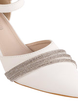White Synthetic Leather Embellished Pointed Toe Block Heel Sandals (TC-RSHO4-WHT)
