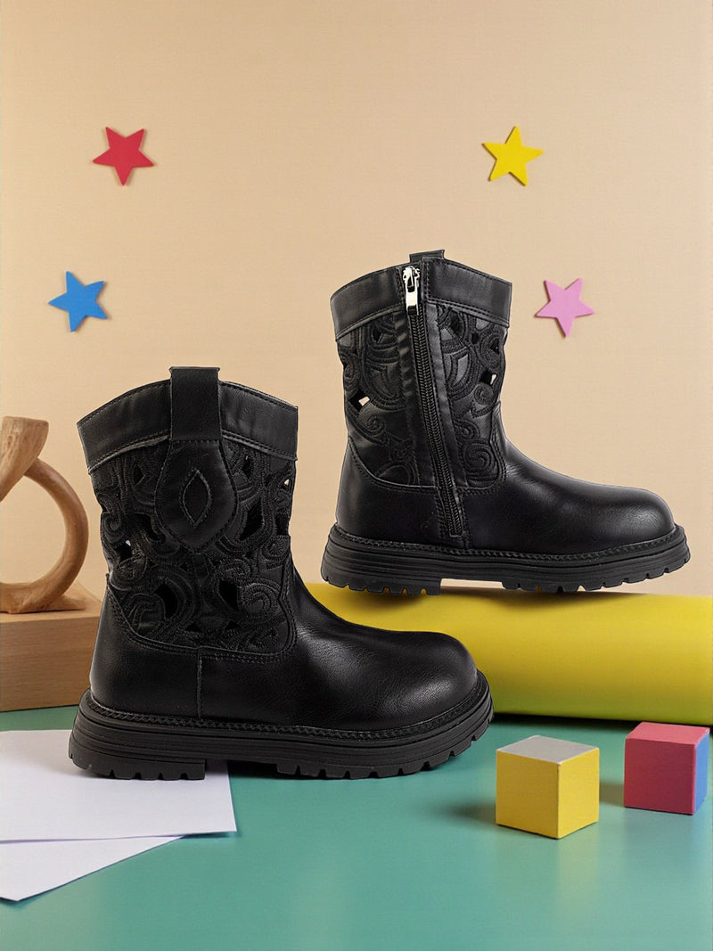 Black Synthetic Leather Winter Stylish Ankle Boots For Kids-Unisex (TC-RSXR379-BLK)