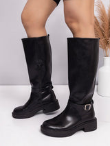 Black Synthetic Leather Round Toe Buckle Strap Zipper Knee Boots (TC-RSXR849-BLK)