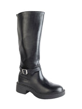 Black Synthetic Leather Round Toe Buckle Strap Zipper Knee Boots (TC-RSXR849-BLK)