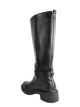Black Synthetic Leather Round Toe Buckle Strap Zipper Knee Boots (TC-RSXR849-BLK)