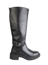 Black Synthetic Leather Round Toe Buckle Strap Zipper Knee Boots (TC-RSXR849-BLK)