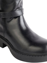 Black Synthetic Leather Round Toe Buckle Strap Zipper Knee Boots (TC-RSXR849-BLK)