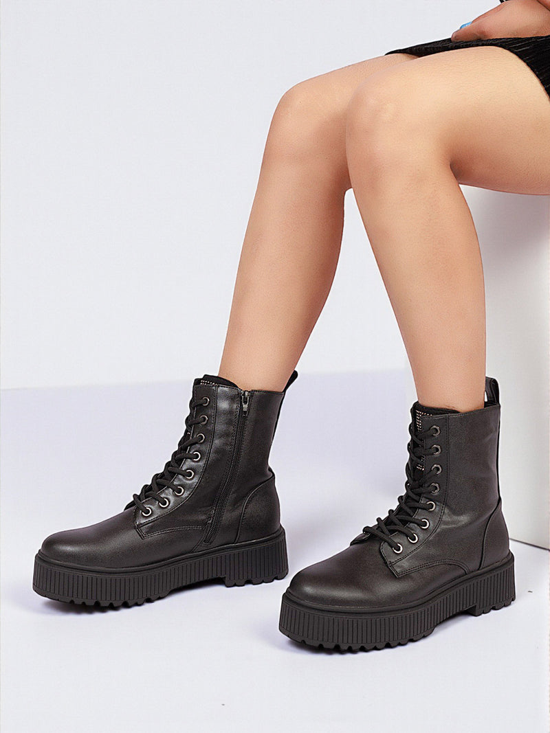 Black Synthetic Leather High-End-Fashion Stylish Ankle Boots (TC-RSZY507-BLK)