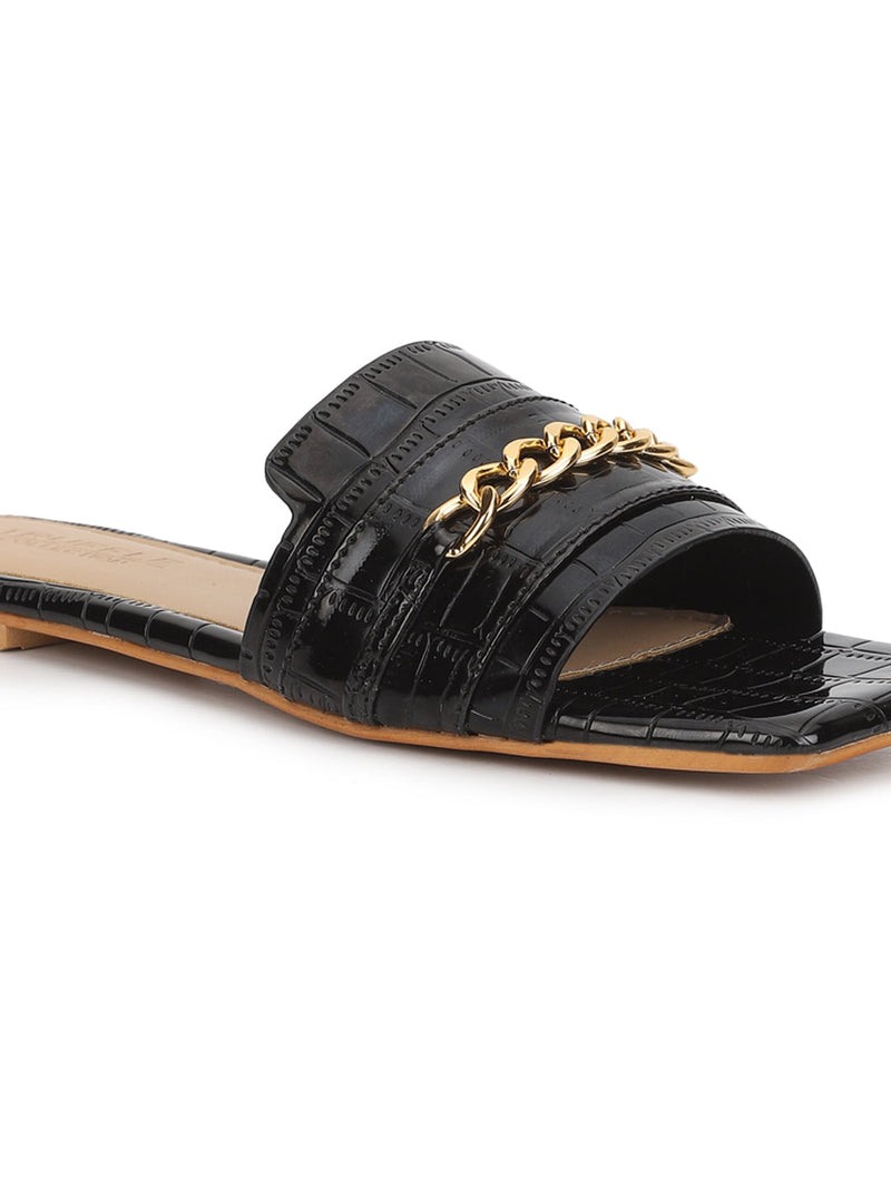 Black Croc Patent Slip-On Flats (TC-ST-003-BLK)