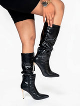 Black Synthetic Leather Gold Toned Metallic Stiletto Heel Long Boot (TC-T4995-BLK)