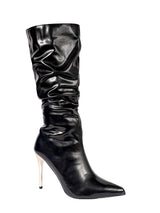 Black Synthetic Leather Gold Toned Metallic Stiletto Heel Long Boot (TC-T4995-BLK)