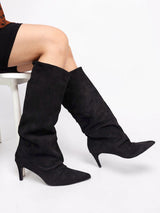 Black Suede Pointed Toe Slouched Stiletto Heel Knee High Boot (TC-T5037-BLK)